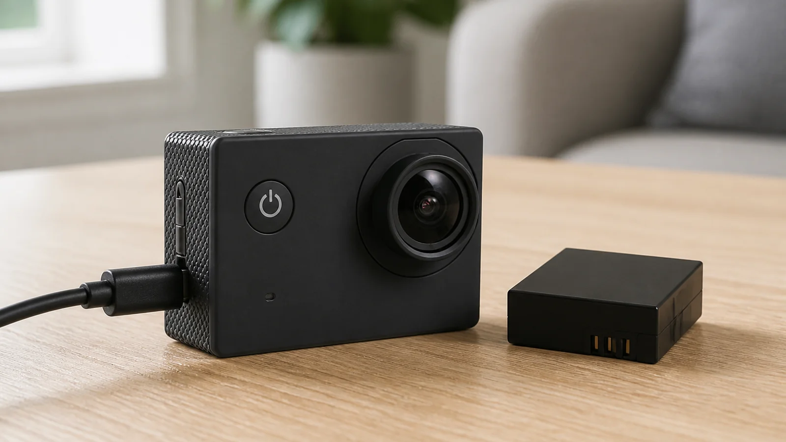 Compact black action camera charging on a wooden table beside one rechargeable battery
