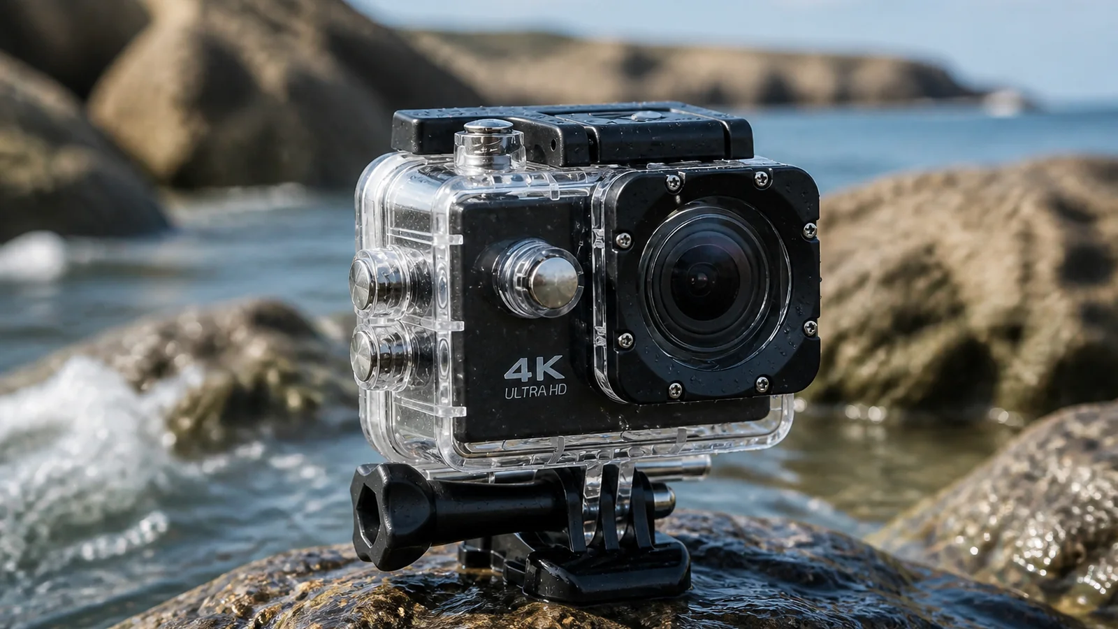 Compact black action camera sealed in a clear waterproof housing on wet coastal rocks
