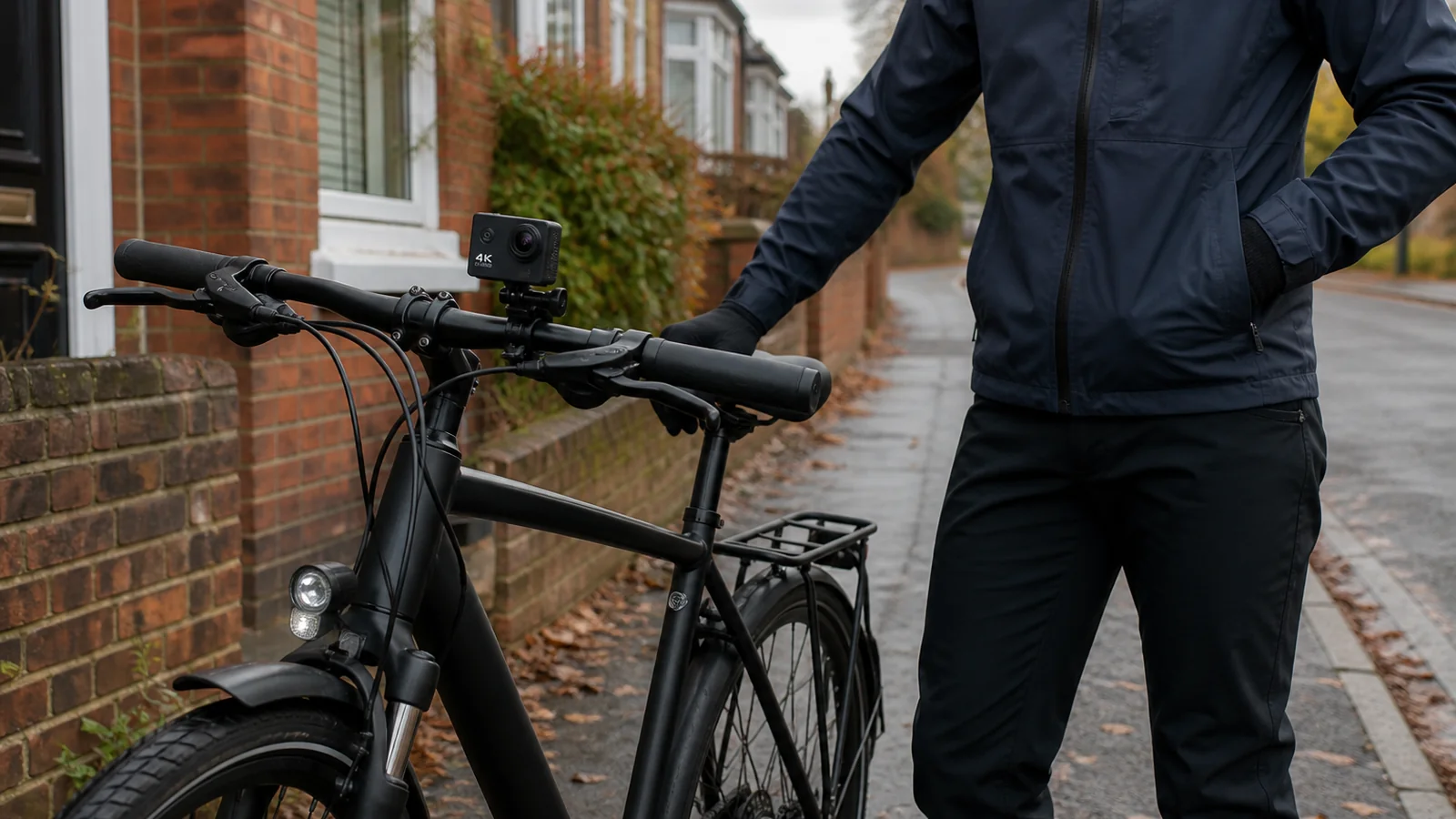 Compact black action camera on a parked commuter bicycle at a UK kerb