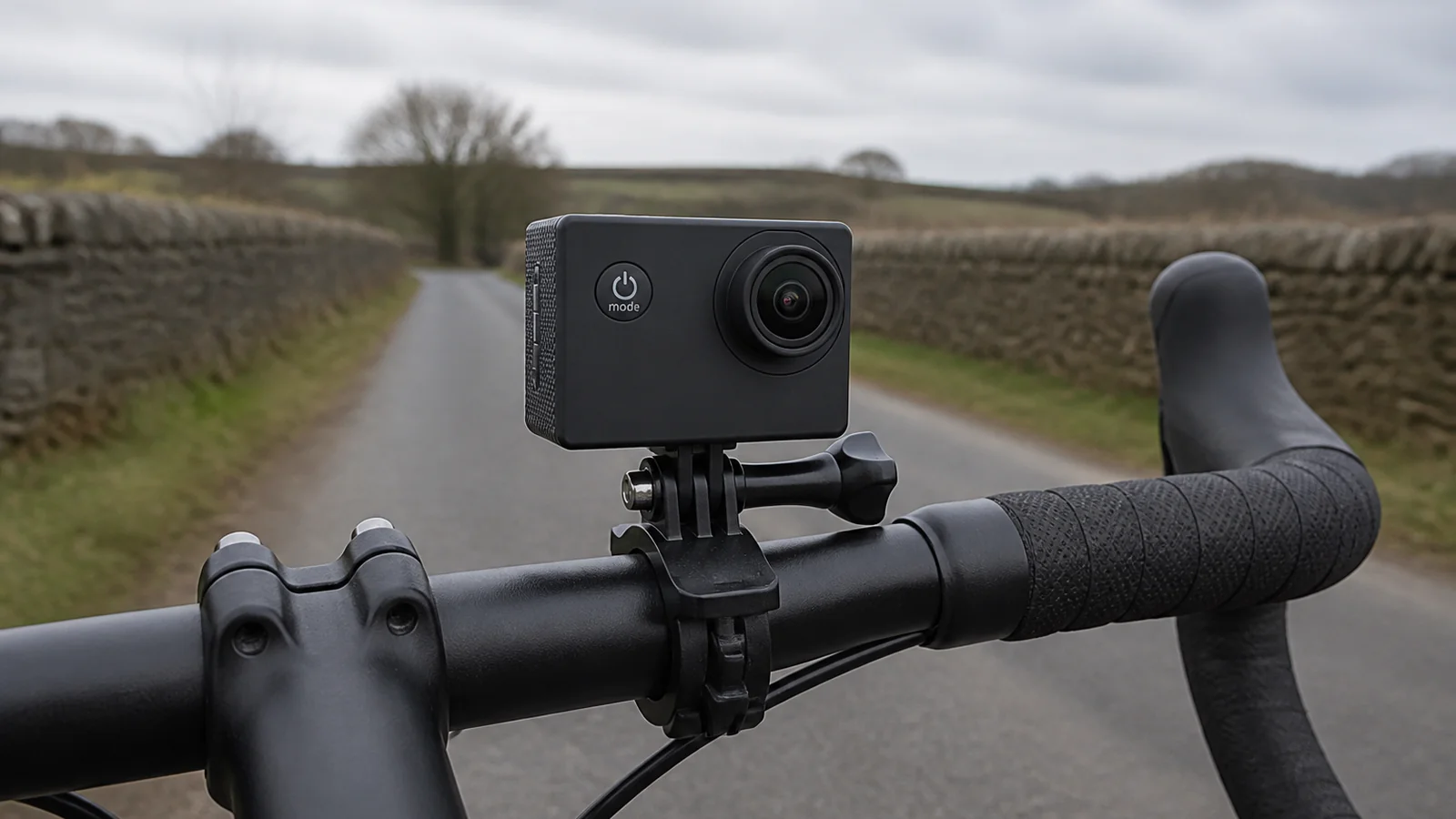 Compact black action camera clamped to bicycle handlebars on a rural UK lane