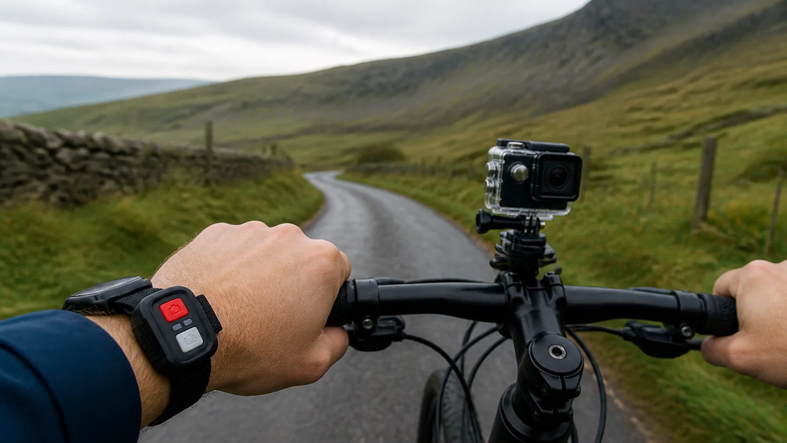 Wrist remote with red and grey buttons and an action camera mounted on bicycle handlebars