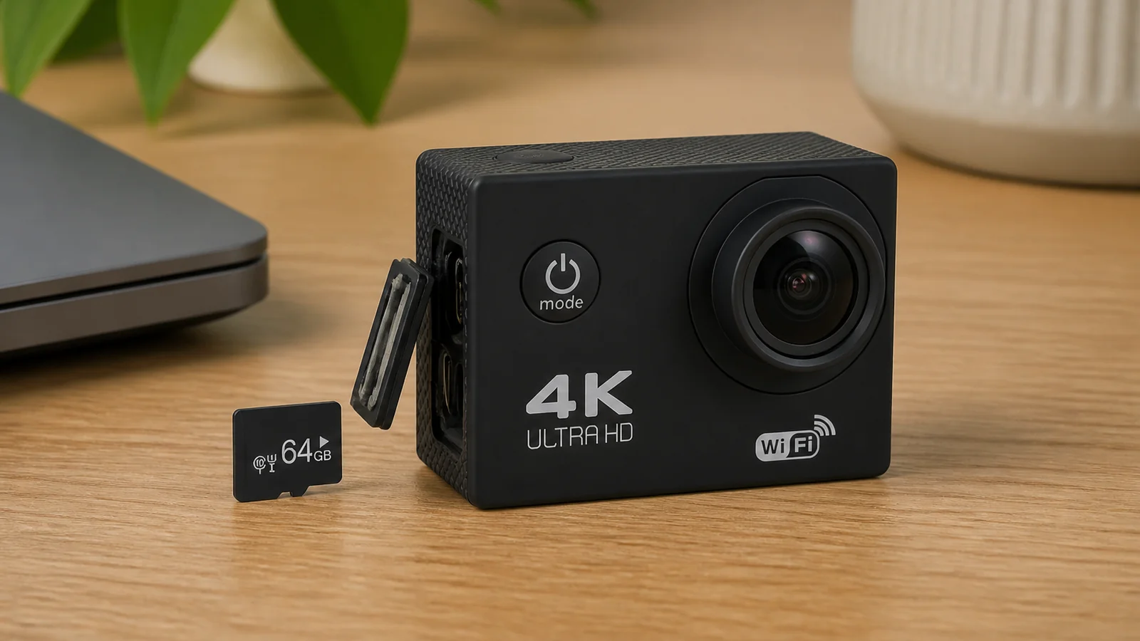 Compact black action camera on a desk beside a 64GB TF memory card