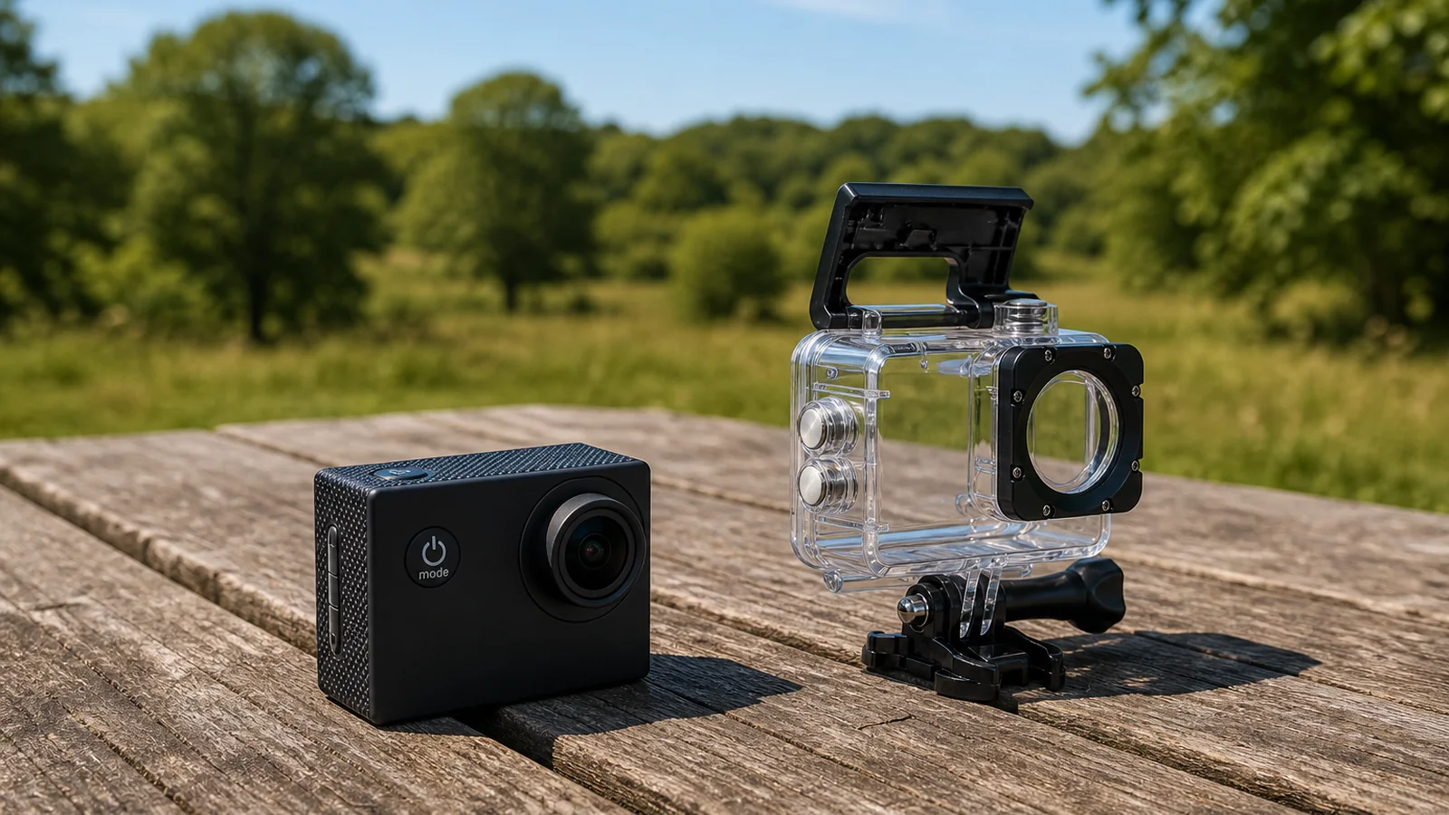 Compact black action camera sitting beside its empty clear waterproof housing on a picnic table