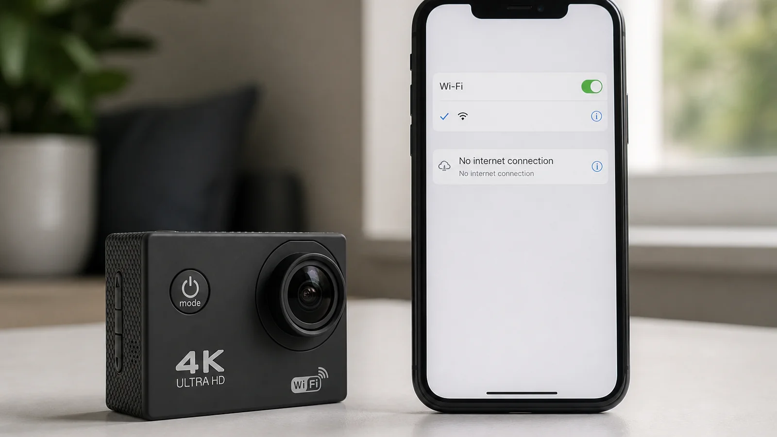 Compact black action camera beside a smartphone showing a Wi-Fi screen with no internet