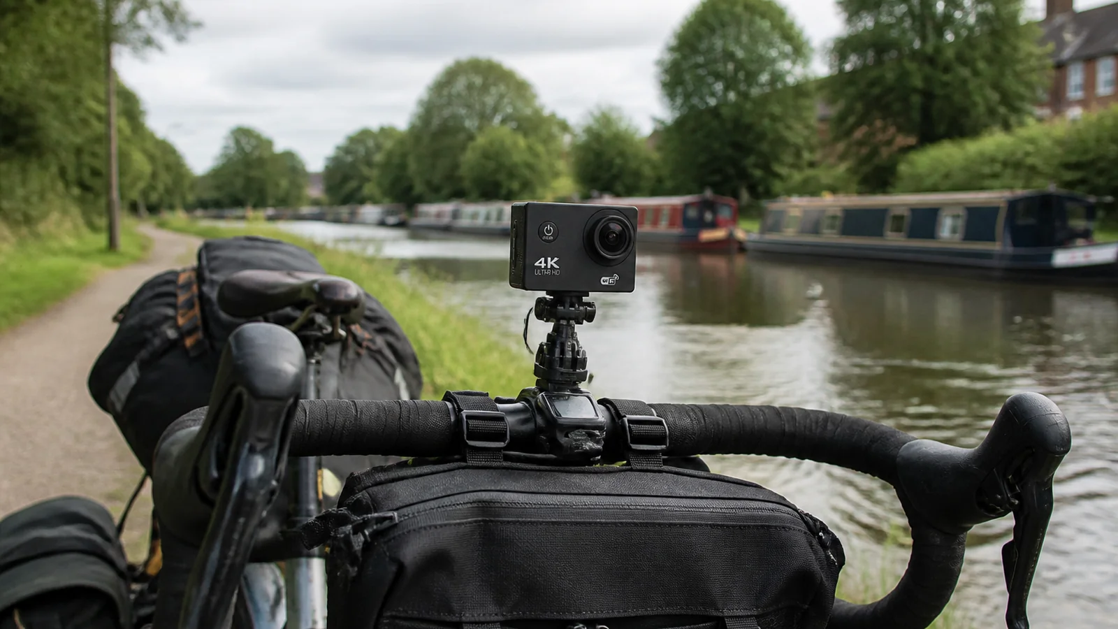 Compact black action camera on touring-bike handlebars beside a UK canal
