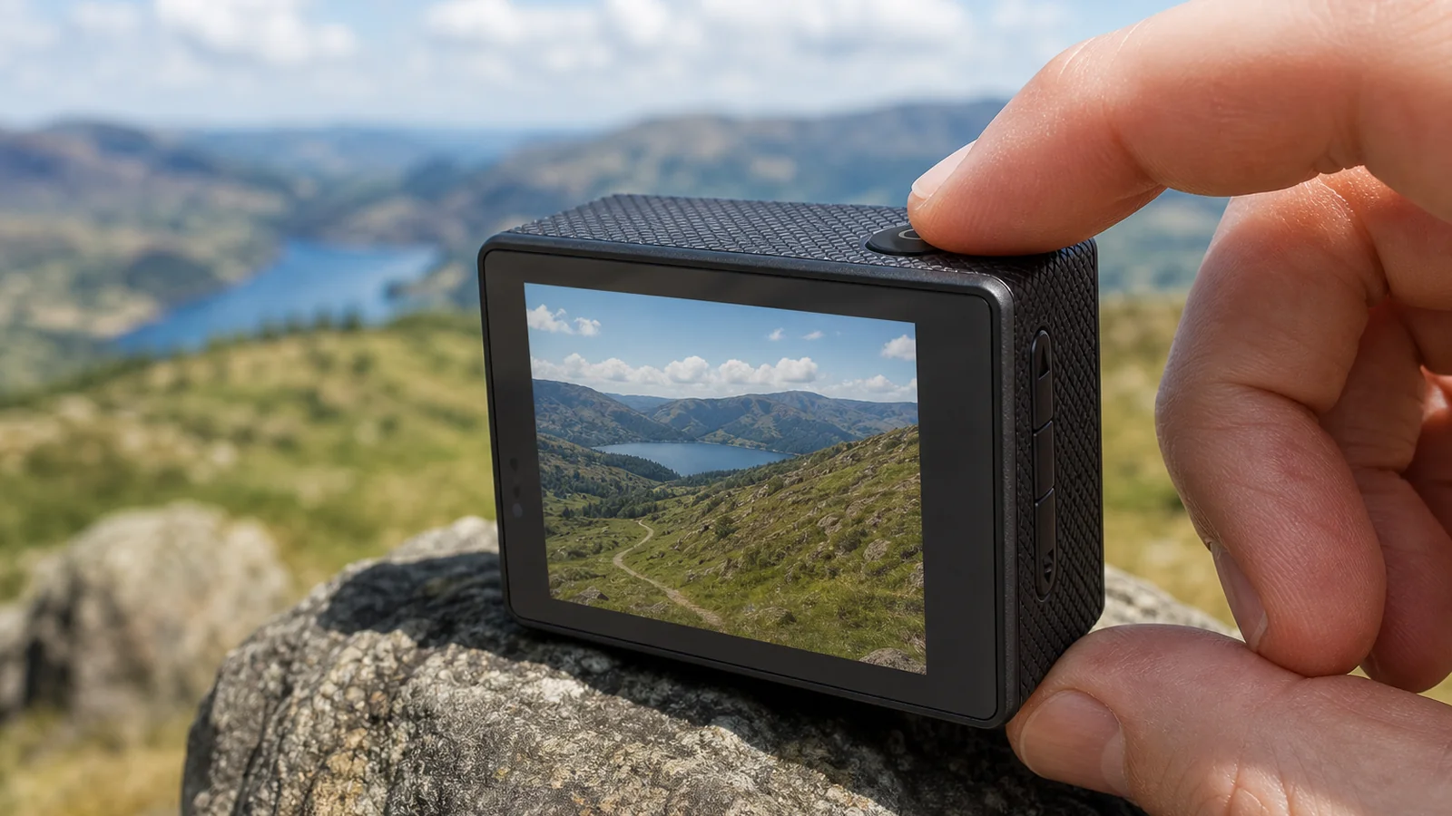 Rear screen of a compact black action camera with a finger pressing a physical button outdoors