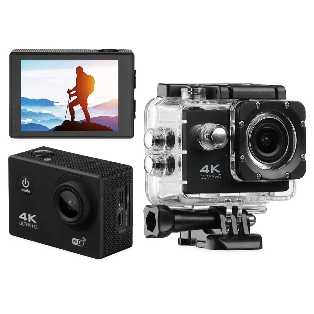 Three-view product layout showing a black action camera from the front, its rear screen with a hiker image and the camera inside a clear housing.