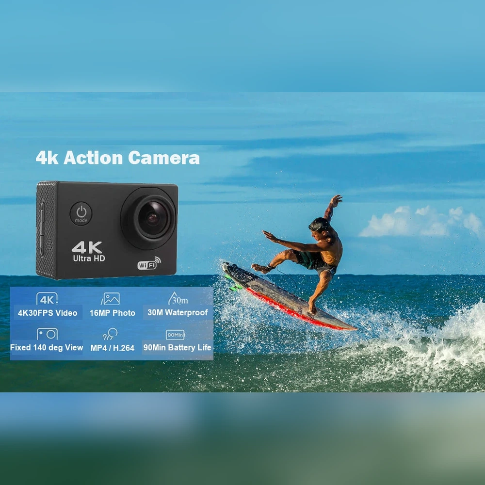Black action camera beside a surfer riding a wave, with a blue panel of camera feature text and icons.