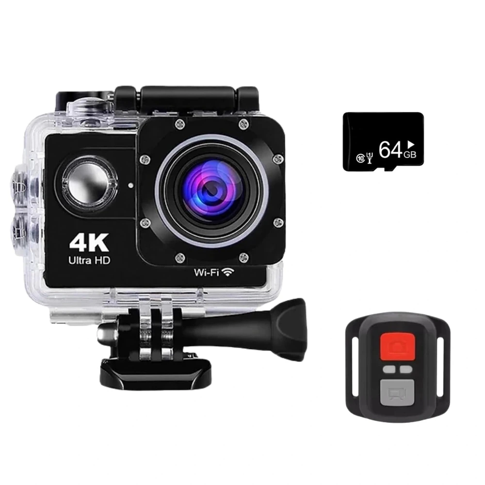 Front view of a black action camera in a clear housing with a 64GB memory card and a compact wrist remote.