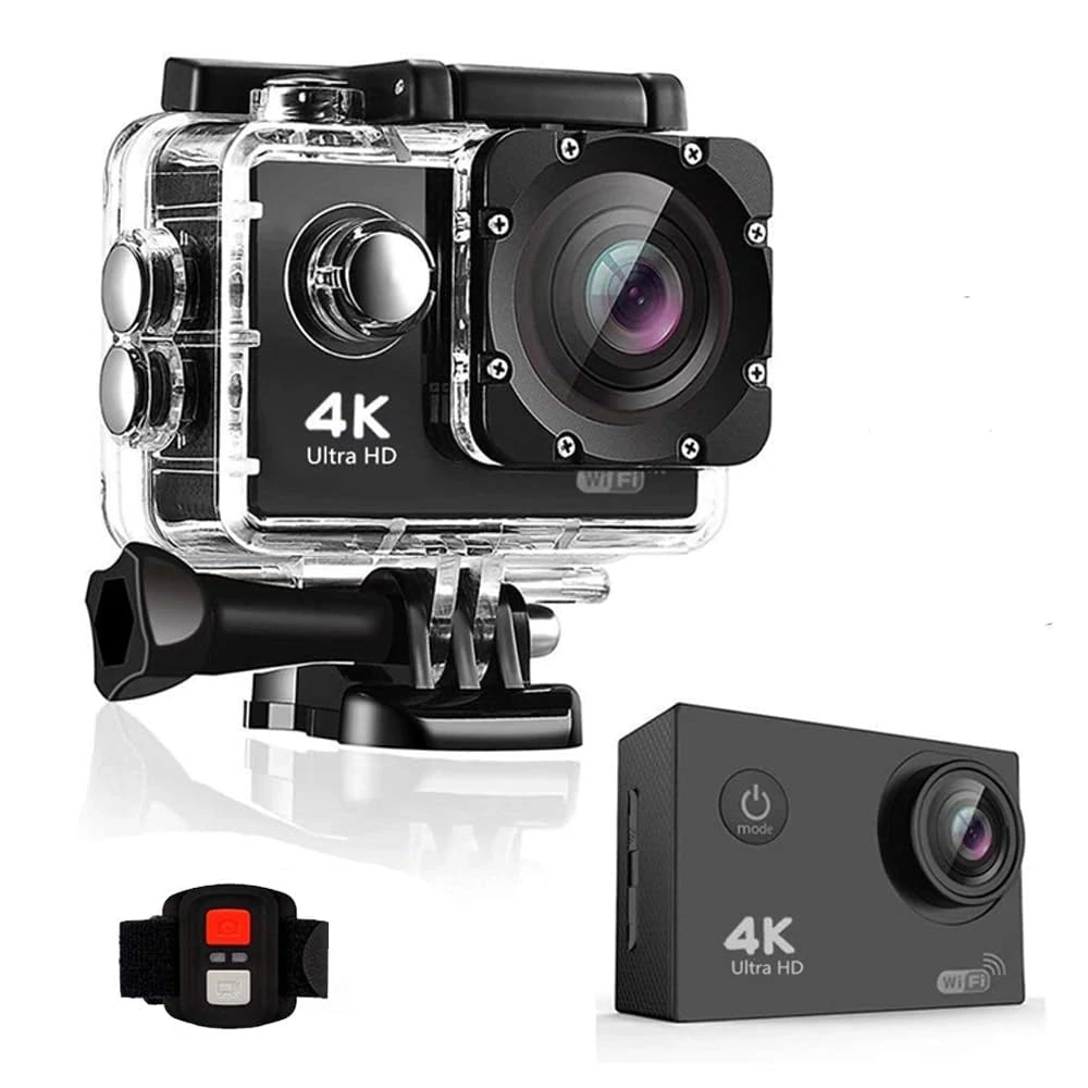 Product layout showing an action camera in a clear housing, a standalone black camera and a compact wrist remote.