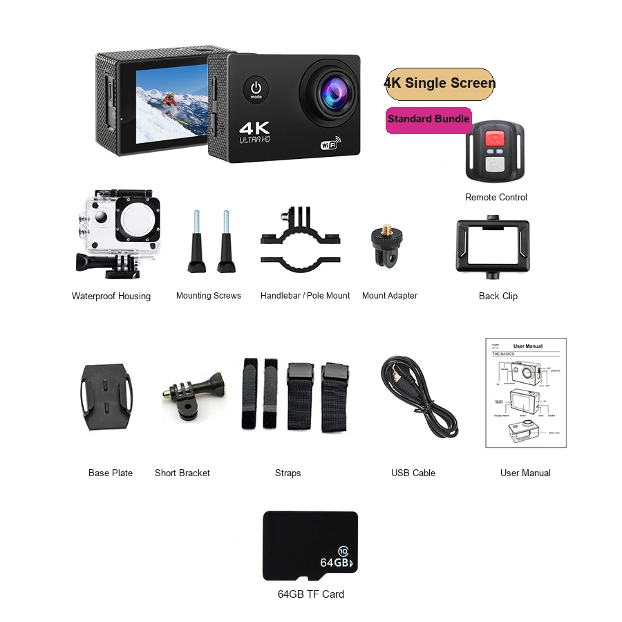 Product bundle image showing a 4K Wi-Fi action camera, remote control, waterproof housing, mounting accessories, USB cable, user manual and 64GB TF card.