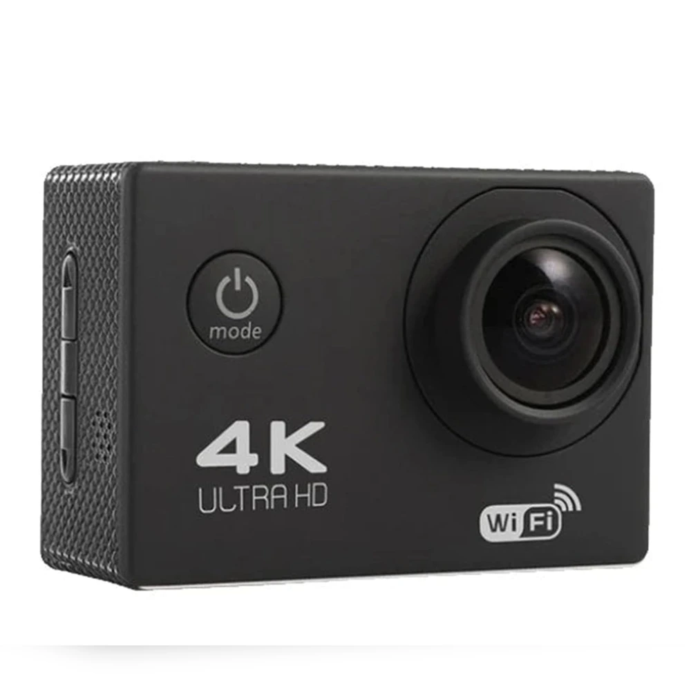 Close front view of a compact black action camera with a wide lens, mode button and visible 4K and Wi-Fi markings.